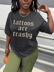 INAWLY Plus Size Women Summer Slogan Print Round Neck Short Sleeve Casual Loose T-Shirt