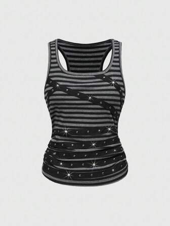 J-Fashion Débardeur sexy noir rayé à encolure dégagée et à bretelles pour femmes, style rétro Y2K, avec rivets, strass et motif de résille, idéal pour les festivals de musique