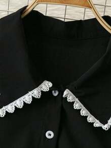 Rometta Exquisite & Elegant  Plus Size Women's Color Block Floral Trim Button Down Shirt Fall Cloth For Women - Black - View 4