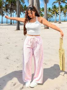 SHEIN EZwear 大码宽松抽绳腰皱粉色蝴蝶结条纹阔腿休闲裤夏季度假裤 - 粉色 - 查看 3