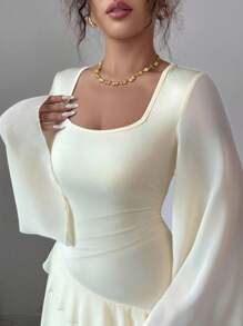 Elenzga Đầm maxi voan dáng chữ A, cổ vuông màu vàng kem thanh lịch, tay loe gợi cảm, xếp nếp, chất liệu voan xòe dành cho nữ, thích hợp cho tiệc tốt nghiệp, sự kiện ngày lễ, kỳ nghỉ, hẹn hò, trang phục thường ngày - Vàng nhạt - Xem 7