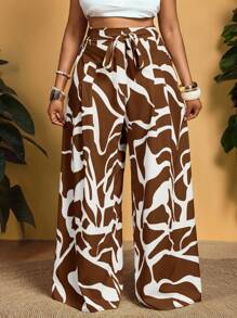 Slaydiva Plus Size Fashion Casual All-Over Print Drawstring Waist Loose Pants,Fall Clothes For Women - Brown - View 8