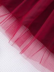 Glamorique Kids 女宝宝荷叶边盖袖罗纹网眼圆领夏季公主休闲连衣裙（配腰带） - 酒紅色 - 查看 6