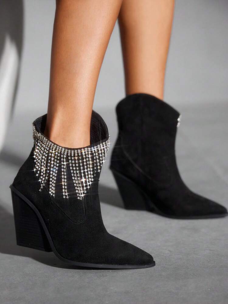 CUCCOO SZL Women's Tie-Dye Chunky Heel Slip-On Rhinestone Tassel Fashion Asymmetrical Mid-Calf Boots, Black