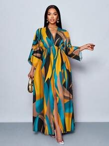 SOLERSUN Women's Holiday Floral Printed V-Neck Long Elegant Ruffle Sleeve Peplum Split Thigh Maxi Dress, Suitable For Vacation, Dating And Daily Wear