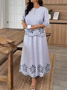 Weeklong Plus Size Vacation Casual Striped Shirt & Skirt 2 Pieces Set - Blue and White - View 5