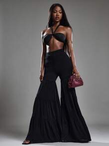 NYA SZN Pantalon taille haute à volants, jambe ajustée, moulant, pour vacances, plage, festival bohème, concert, en tricot extensible, sexy, froncé, élastique, pour club, usage quotidien, décontracté, rentrée scolaire, tenues noires pour femmes - Noir - Voir 6