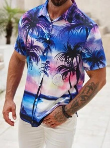 Manfinity Dauomo Men's Palm Tree Printed Short Sleeve Shirt - Purple - View 5