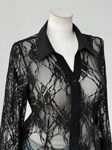 Sunspun 大码女式蕾丝镂空透视长袖上衣 - 黑色 - 查看 5