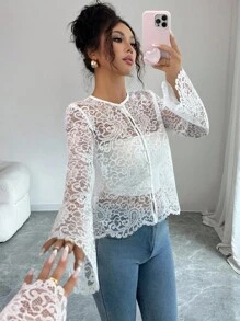 SHEIN Elenzya Áo khoác cardigan mỏng cổ tròn đính nút ngọc trai ren thanh lịch dành cho nữ - Màu be - Xem 5
