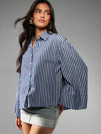 MISSGUIDED Chemise à col boutonné surdimensionné, poignets larges, manches longues rayées, tenue de bureau professionnelle décontractée, mode printemps automne, motif classique rayures bleu marine et blanc