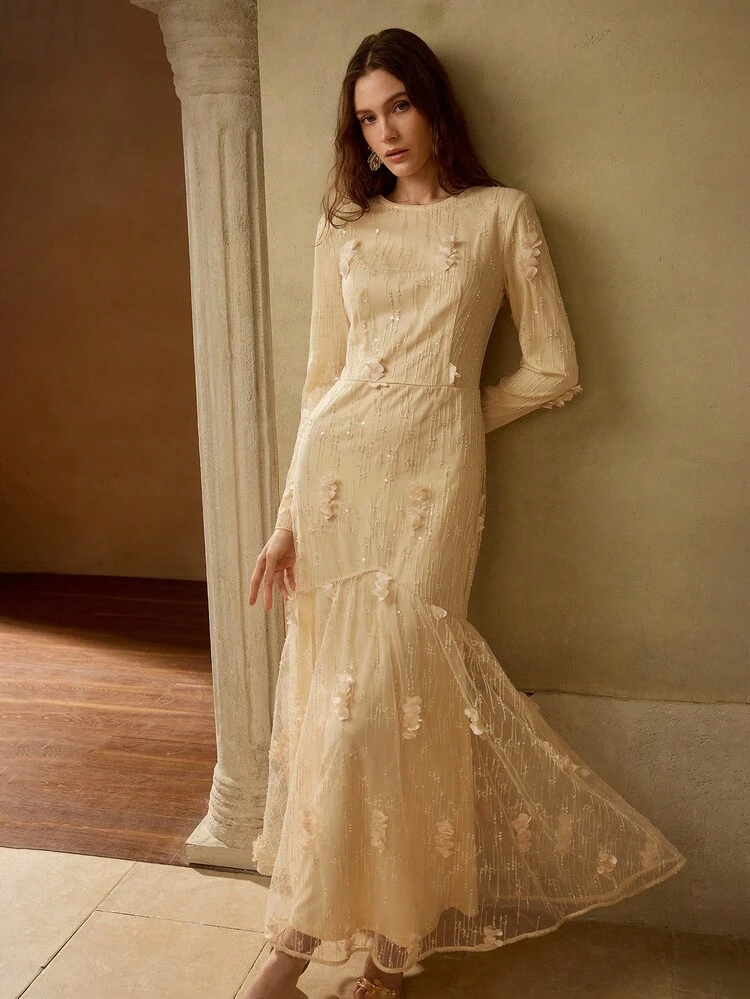 WOMEN'S MESH FABRIC STEREO FLOWER SEQUINS EMBROIDERED MERMAID HEM LIGHT COCKTAIL DRESS