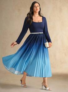 Flouryn Plus Size Elegant Navy Blue Ombre Waist Long Sleeve A-Line Dress For Women, Autumn Fall Outfits Dresses - Multicolor - View 6