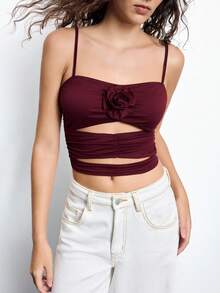 Maija Red Hollow Out Waist Fitted Women's Camisole With 3D Rose Flower Decor, Elegant Body-Flattering For Casual, Holiday, Party, Versatile, Spring/Summer