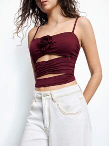 Maija Red Hollow Out Waist Fitted Women's Camisole With 3D Rose Flower Decor, Elegant Body-Flattering For Casual, Holiday, Party, Versatile, Spring/Summer