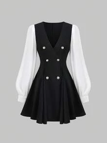 Sweetra 女式黑色二合一喇叭裙，春夏 - 黑與白 - 查看 1