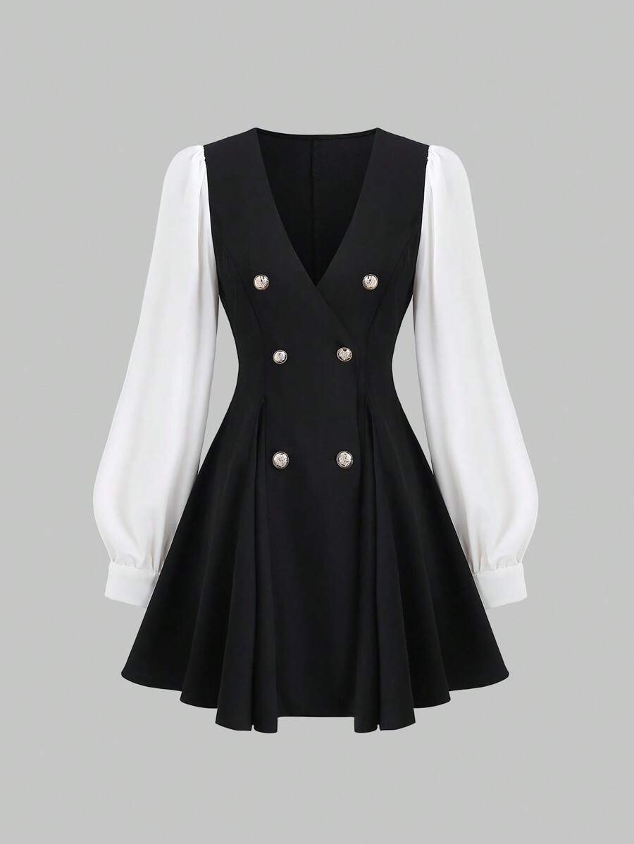 Sweetra 女式黑色二合一喇叭裙，春夏 - 黑與白 - 查看 1