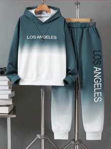 Vacaura 2pcs/Set Teenage Boys' Fashionable Gradient Color Letter Print Hoodie Sweatshirt And Drawstring Hem Casual Sports Pants, Spring/Autumn/Winter Fall - Multicolor - View 3