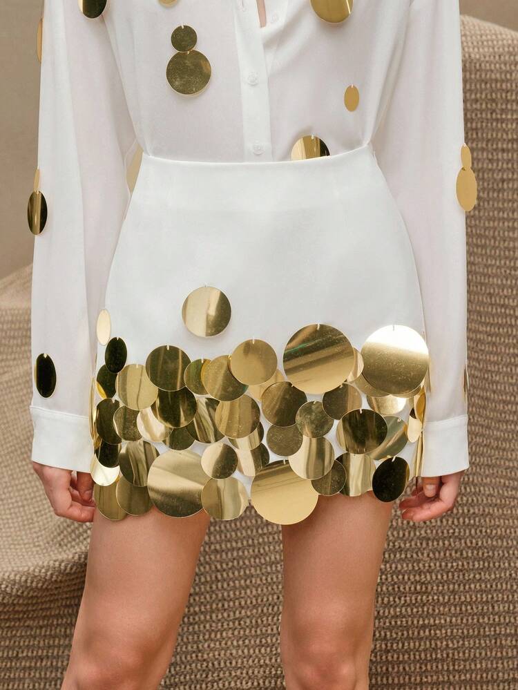 Women Sequin Embellished A-Line Skirt, Versatile Spring Summer