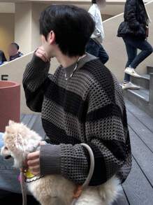 DAZY 男士圆领长袖拼色毛衣，秋季 - 灰色 - 查看 3