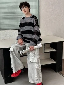 DAZY 男士圆领长袖拼色毛衣，秋季 - 灰色 - 查看 10