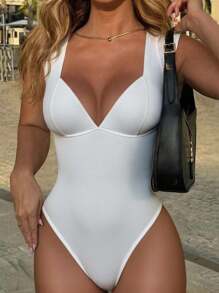 INAWLY Sexy Fitted Low-Cut Ribbed Bodysuit For Plus Size Women - White - View 3