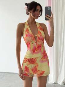 Aloruh Váy ôm sát cơ thể hở lưng chữ V sâu phong cách nghỉ mát châu Âu và Mỹ mới cho mùa hè - Màu vàng - Xem 7