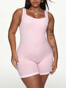 Gameset SHEIN Sport Plus-Size Women's Pink Sleeveless Romper With Shorts, Featuring An Open-Back Design, Hip-Lifting And Tummy-Control Effect, And Moisture-Wicking Fabric-Perfect For Outdoor Sports And Everyday Wear Pink Sweatpants
