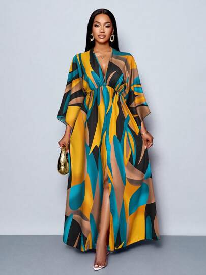 SOLERSUN Women's Holiday Floral Printed V-Neck Long Elegant Ruffle Sleeve Peplum Split Thigh Maxi Dress, Suitable For Vacation, Dating And Daily Wear