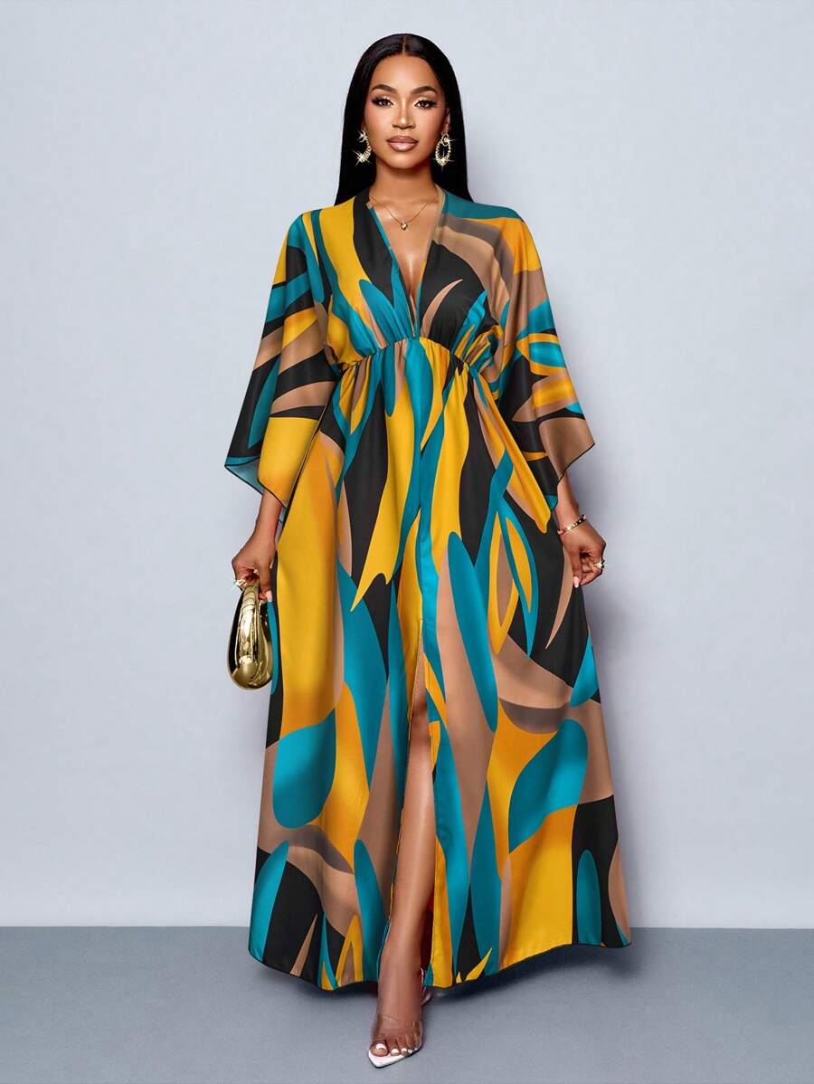 SOLERSUN Women's Holiday Floral Printed V-Neck Long Elegant Ruffle Sleeve Peplum Split Thigh Maxi Dress, Suitable For Vacation, Dating And Daily Wear