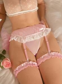 2 件粉色网状荷叶边泡泡裙，缎面提臀甜美可爱吊袜带 + 腿吊袜带内衣套装，适合女士 - 淺粉色 - 查看 1