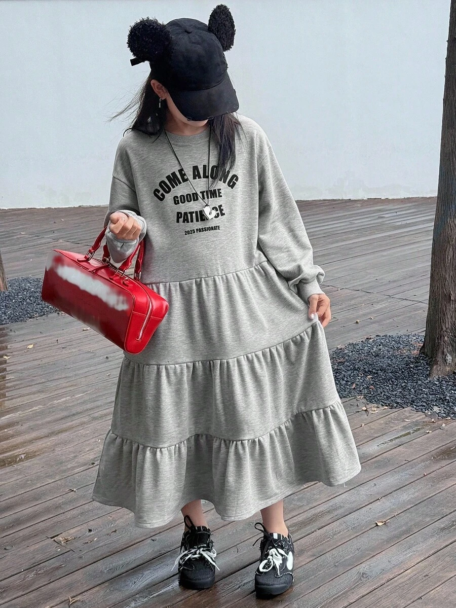 DAZY Tween Girls Crew Neck Knit Printed Dress, Autumn - Grey - View 1