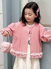 Dazy Kids Young Girl Casual Everyday Plaid Ruffle Front Button Jacket - Pink - View 4