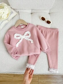 LMoss Kids LMoss 2pcs Baby Girl Knitted Bow Pattern Crew Neck Casual Sweatshirt And Leggings Set Pink Bow Baby Outfit Baby Girl Ruffle Pants Set Baby Girl Sweat Set Baby Girl Long Sleeve Set Baby Girl Clothes Girls Co Ord Set Fall Winter