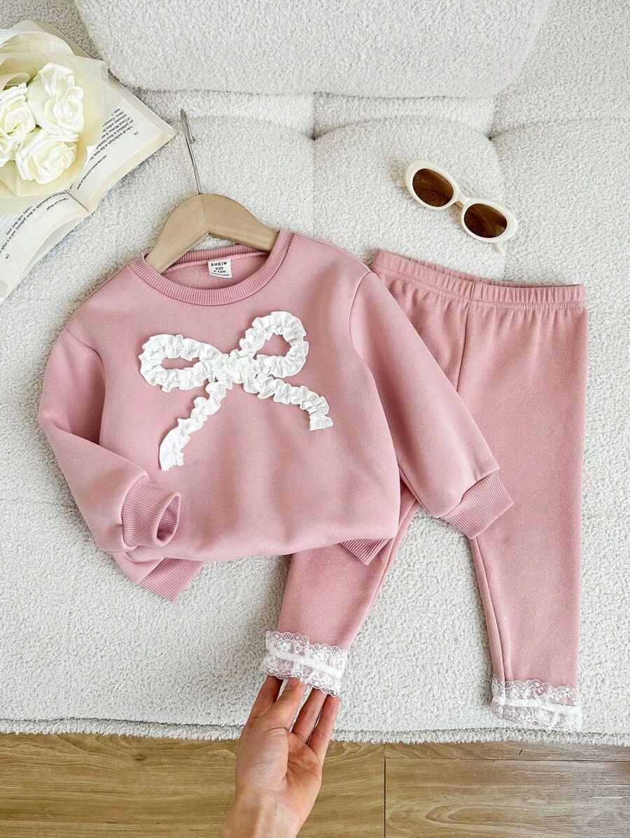 LMoss Kids LMoss 2pcs Baby Girl Knitted Bow Pattern Crew Neck Casual Sweatshirt And Leggings Set Pink Bow Baby Outfit Baby Girl Ruffle Pants Set Baby Girl Sweat Set Baby Girl Long Sleeve Set Baby Girl Clothes Girls Co Ord Set Fall Winter