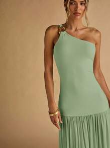 SHEIN BAE 女士杏色不对称肩部金属扣装饰紧身连衣裙，透明下摆，优雅 - 薄荷綠 - 查看 7