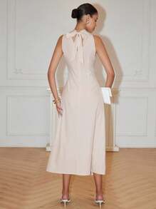 Breezaya Pleated, Solid Color, Body-Con, Sleeveless, V-Neck, High Slit To Thigh, Waist-Cinched, Open Back With Bowknot, Flared Dress, Elegant, Sexy, Glamorous, For Occasions, Workwear, Minimalist, Spring/Summer Women - Apricot - View 2