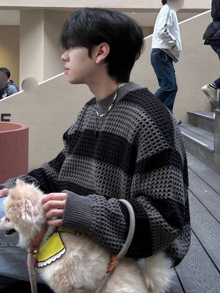 Men's Round Neck Long Sleeve Color Block Sweater, Autumn