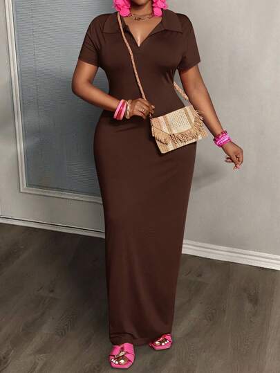 Slaydiva Women Plus Size 2025 Casual Versatile Summer Daily Simple Casual All-Match Fitted High Stretch Polo Collar Short Sleeve Dress Brown Maxi Dress Chocolate Brown Dress Brown Dress Long Brown Dress Brown Bodycon Dress