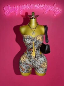 Slaydiva 2025 Summer New Arrival Halter Twist Hem Crop Top And Bodycon Shorts Set, Bohemian Sunflower Print, Suitable For Birthday Party, Back To School, Daily Casual, Vacation, Cruise, Beach, Sunbathing, 2-Piece Outfit For Women