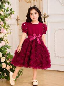 Glamorique Kids Girls' Solid Color Round Neck Pearl Puff Sleeve 3D Flower Elegant Summer Dress With Belt
