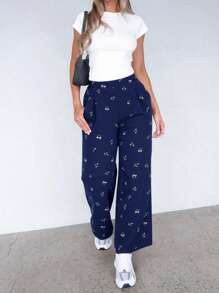 SHEIN Essnce 大码女装春夏时尚休闲宽松舒适清凉日常基础百搭黑色小碎花纹理面料松紧腰阔腿裤女式下装宽松裤欧洲夏季度假机场 - 藏蓝色 - 查看 5