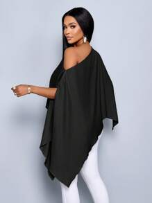 SOLERSUN 女士单肩披肩袖不对称下摆亚麻衬衫 - 黑色 - 查看 2