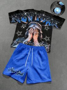 Manfinity Roghcode Manfinity Streetrush Men's Short Sleeve Round Neck Graphic T-Shirt & Blue Pocket Shorts Co-Ord,Black,Summer,Street Wear Y2k,City Break Knitted Set - Multicolor - View 3