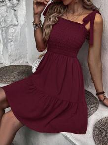 Breezaya Solid Color Shirred Knot Ruffle Hem Camisole Dress, Summer Summer Dress