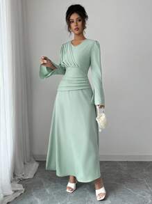 Elenzga Vestido elegante de mujer con diseño plisado y mangas acampanadas de unicolor