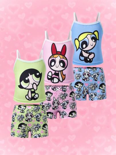 THE POWERPUFF GIRLS X SHEIN Set med blommigt, bubbligt och smörblommigt mönster och underkläder för unga flickor