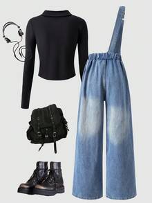 2 件套青少年女孩休闲可爱服装，黑色背景白色字母印花圆领上衣，金属扣牛仔背带裤，适合休闲、上学、散步、旅行