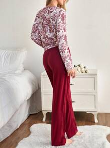 SHEIN Cottnline Plus Size Cotton PLUS Women 2 Pcs Floral Pattern With Roung Neck Long Sleeved ShirtSolid Colour Pants Homewear Set Lounge White Burgundy Autumn - Multicolor - View 2