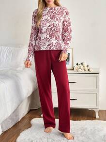 SHEIN Cottnline Plus Size Cotton PLUS Women 2 Pcs Floral Pattern With Roung Neck Long Sleeved ShirtSolid Colour Pants Homewear Set Lounge White Burgundy Autumn - Multicolor - View 4